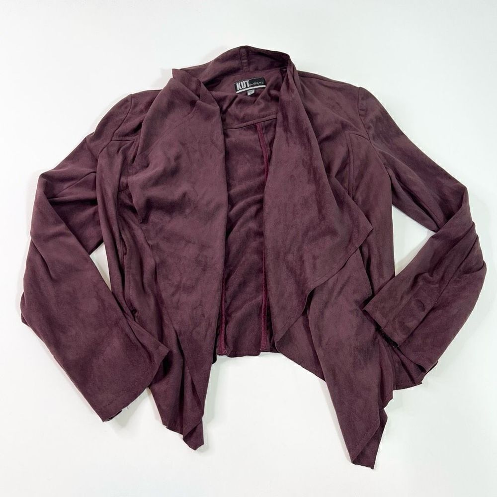 KUT From The Kloth Fleece Jacket Women's Small Maroon Open Front Buttoned Cuff